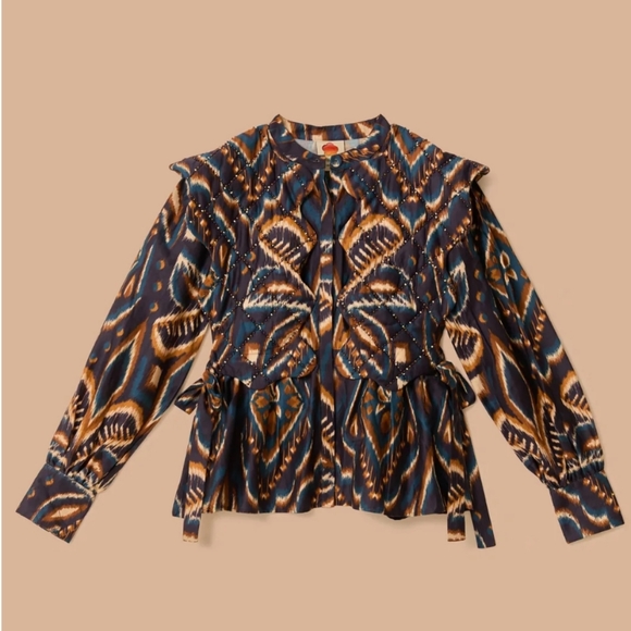 FARM Rio Pineapple Ikat Beaded Matelasse Button Front Euro Boho Top Blue NWT - Picture 6 of 16